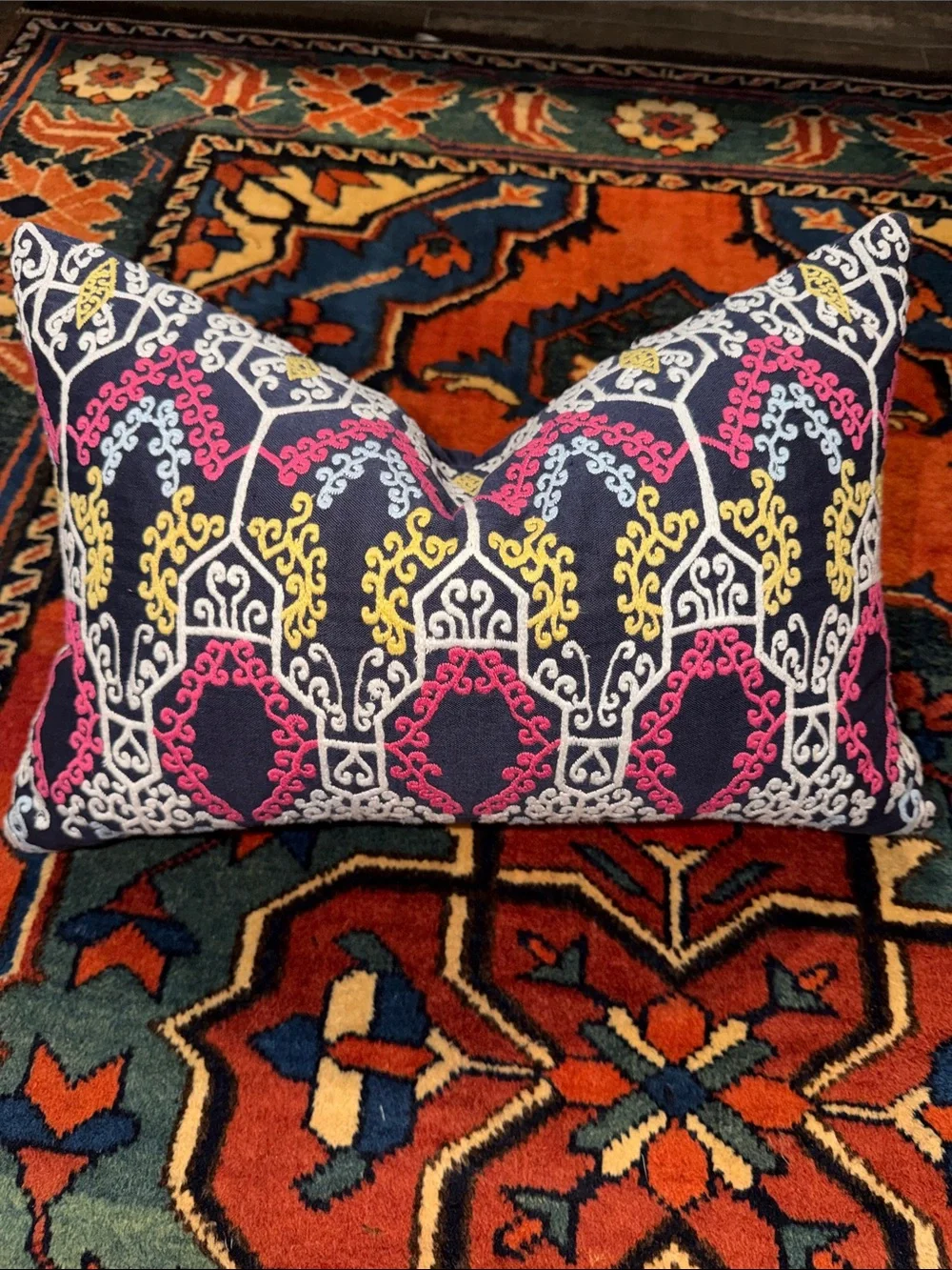 Traditional Block print John Robshaw 12 x 18 hand embroidered Throw Pillow